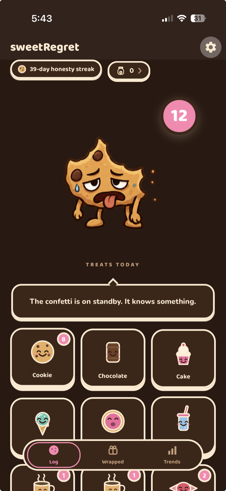 sweetRegret home screen with the new Daily Cookie mascot, dark mode