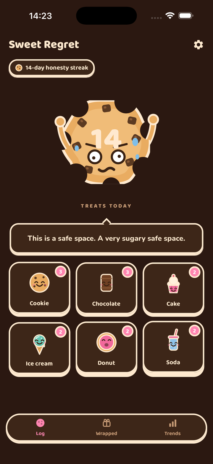 sweetRegret home screen, dark mode