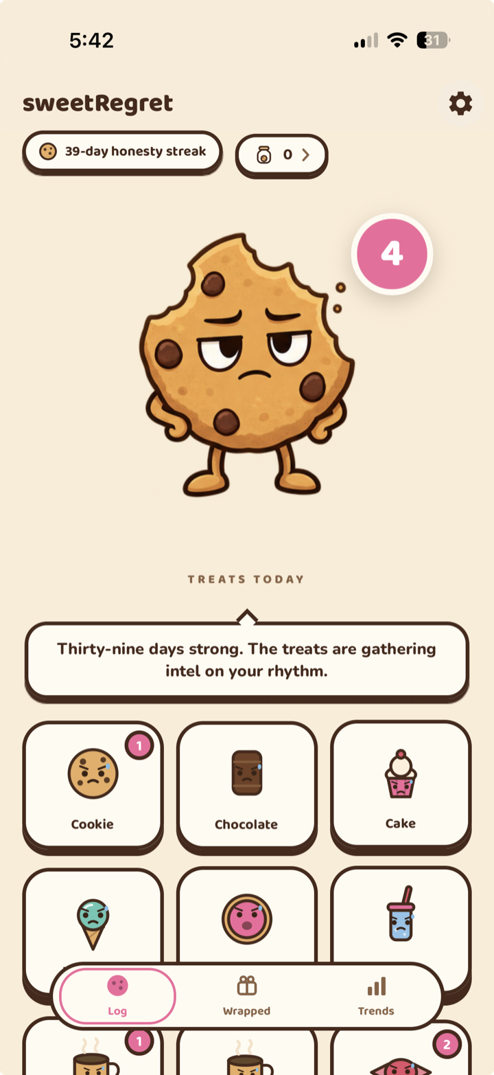 sweetRegret home screen with the new Daily Cookie mascot, light mode