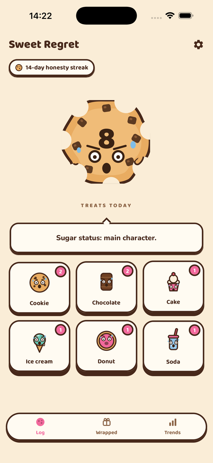sweetRegret home screen, light mode